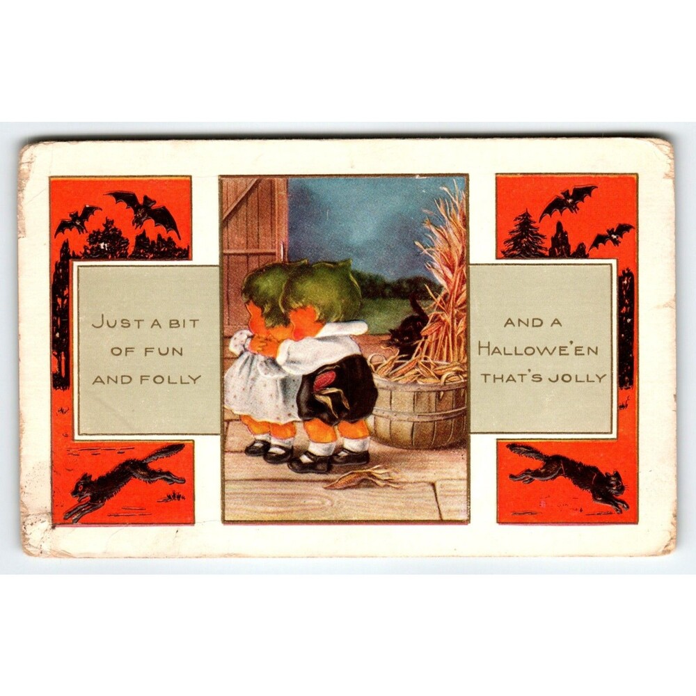 Halloween Postcard Whitney Pixies Green Hair Bats Black Cat Embossed Antique